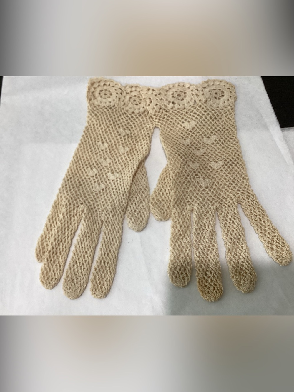 Vintage Hand-Made Crochet Lace ladies gloves. Ecru color delicate open work.